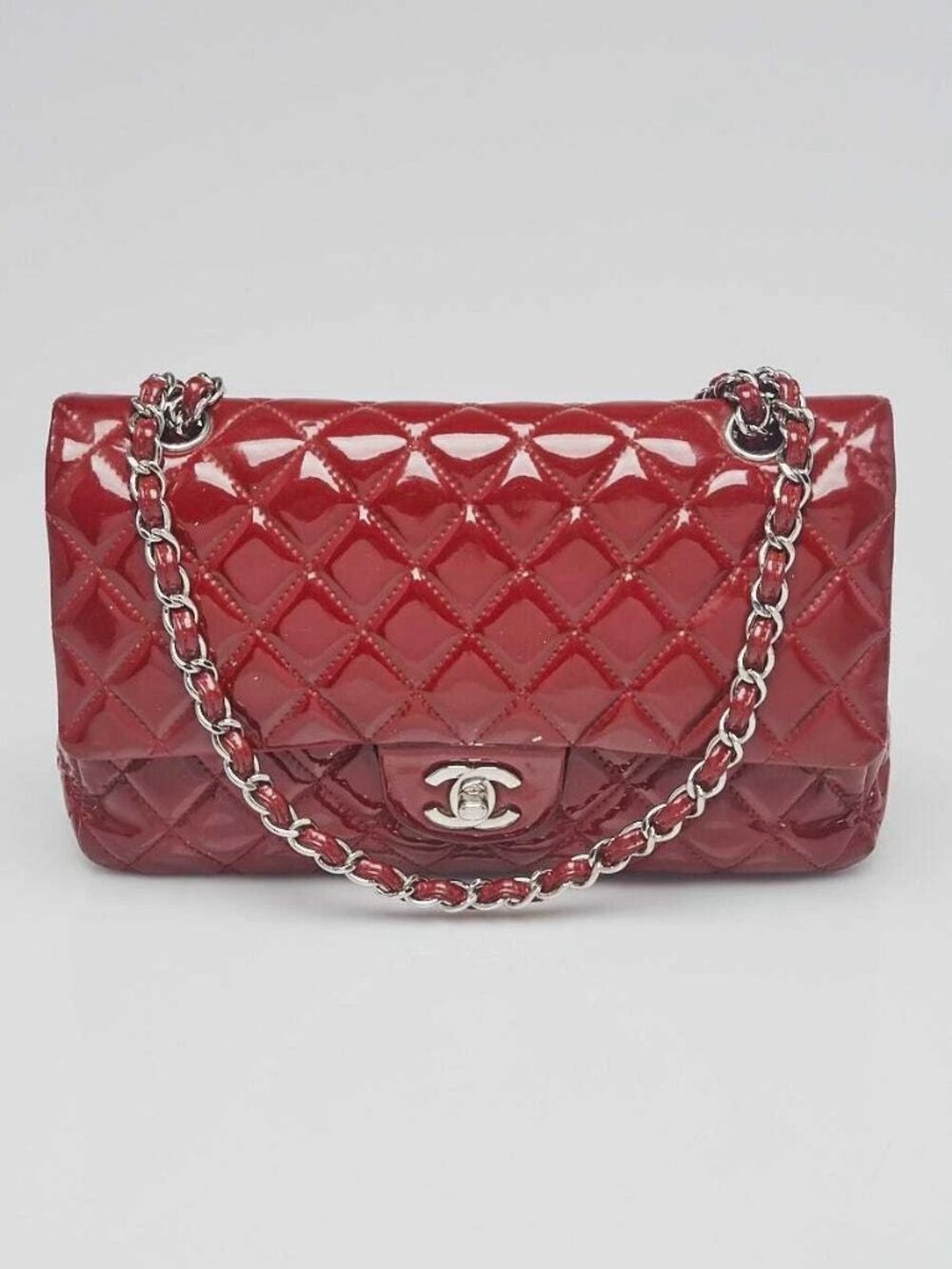 Chanel Red Quilted Patent Leather Classic Medium Double Flap Bag